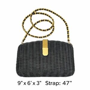Vintage 90s Y2K Black Wicker Woven Clutch Crossbody Gold Chain
